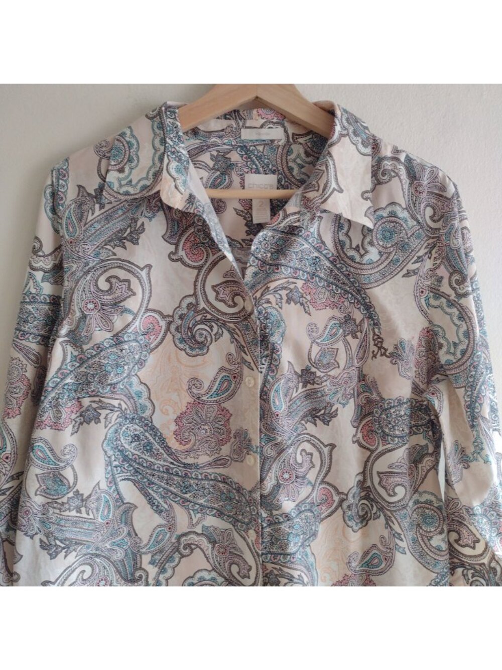 Chicos Pink Paisley Shirt L No Iron Button Front Tunic Length Cotton Top Sz 2 - Picture 5 of 10